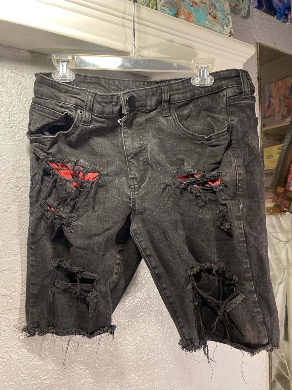 Men's Black Distressed Jean Shorts with Red Underlay